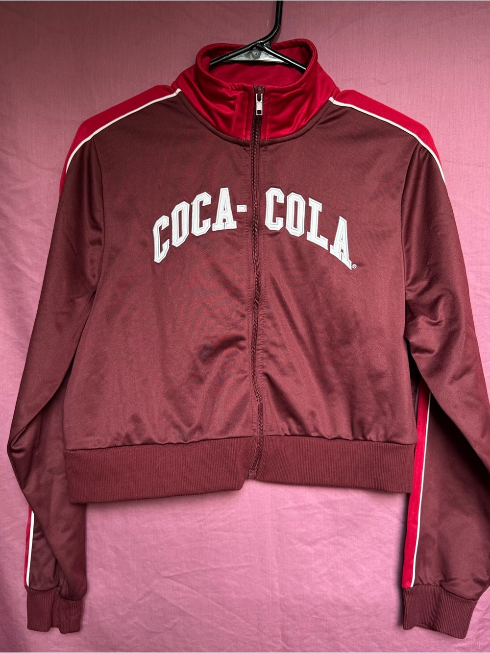 Coca-Cola Cropped Track Jacket Maroon Red White Piping Size Medium NWOT